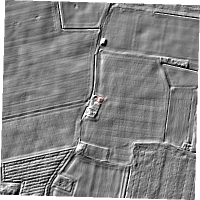 Shaded relief map of the ground around PE126QH, computed from Environment Agency LiDAR. The ground here sits at about 4 m above sea level and falls 5 m across the surrounding 800 m. Surface water reaching this point runs off ground lying to the north-west, 1.2 m higher.