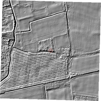 Shaded relief map of the ground around PE126QJ, computed from Environment Agency LiDAR. The ground here sits at about 4 m above sea level and falls 3 m across the surrounding 800 m. Surface water reaching this point runs off ground lying to the east-south-east, 1.2 m higher.