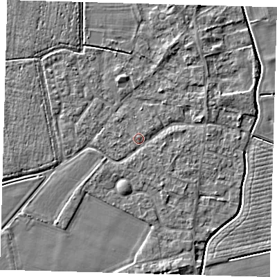Shaded relief map of the ground around PE126QN, computed from Environment Agency LiDAR. The ground here sits at about 4 m above sea level and falls 4 m across the surrounding 800 m. Surface water reaching this point runs off ground lying to the east-north-east, 1.6 m higher.