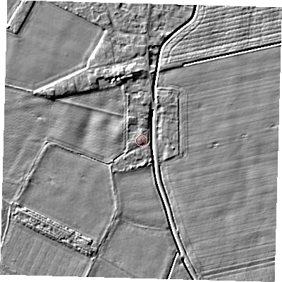 Shaded relief map of the ground around PE126QQ, computed from Environment Agency LiDAR. The ground here sits at about 4 m above sea level and falls 4 m across the surrounding 800 m. Surface water reaching this point runs off ground lying to the south, 3.2 m higher.