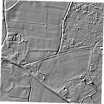 Shaded relief map of the ground around PE126QU, computed from Environment Agency LiDAR. The ground here sits at about 3 m above sea level and falls 6 m across the surrounding 800 m. Surface water reaching this point runs off ground lying to the east-south-east, 0.8 m higher.