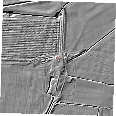 Shaded relief map of the ground around PE126RH, computed from Environment Agency LiDAR. The ground here sits at about 4 m above sea level and falls 4 m across the surrounding 800 m. Surface water reaching this point runs off ground lying to the south-south-east, 1.3 m higher.