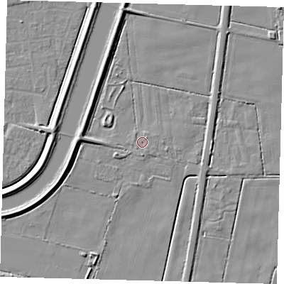 Shaded relief map of the ground around PE126RL, computed from Environment Agency LiDAR. The ground here sits at about 2 m above sea level and falls 6 m across the surrounding 800 m. Surface water reaching this point runs off ground lying to the south, 1.9 m higher.