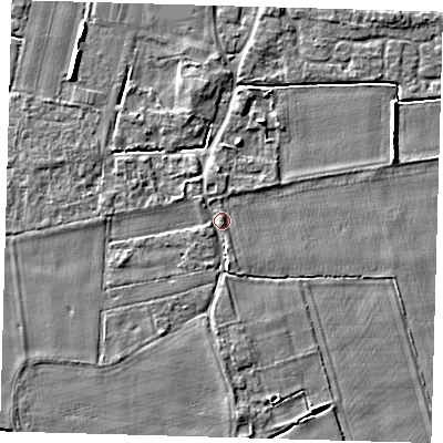 Shaded relief map of the ground around PE126RR, computed from Environment Agency LiDAR. The ground here sits at about 4 m above sea level and falls 5 m across the surrounding 800 m. Surface water reaching this point runs off ground lying to the north, 1.8 m higher.