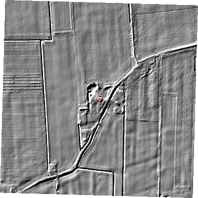 Shaded relief map of the ground around PE126SA, computed from Environment Agency LiDAR. The ground here sits at about 4 m above sea level and falls 4 m across the surrounding 800 m. Surface water reaching this point runs off ground lying to the south, 1.4 m higher.