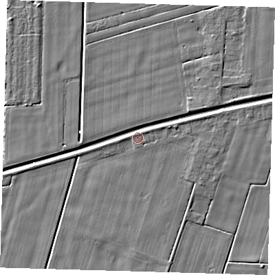 Shaded relief map of the ground around PE126SH, computed from Environment Agency LiDAR. The ground here sits at about 3 m above sea level and falls 4 m across the surrounding 800 m. Surface water reaching this point runs off ground lying to the east-north-east, 3.6 m higher.