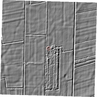 Shaded relief map of the ground around PE126SJ, computed from Environment Agency LiDAR. The ground here sits at about 2 m above sea level and falls 4 m across the surrounding 800 m. Surface water reaching this point runs off ground lying to the south, 1.7 m higher.