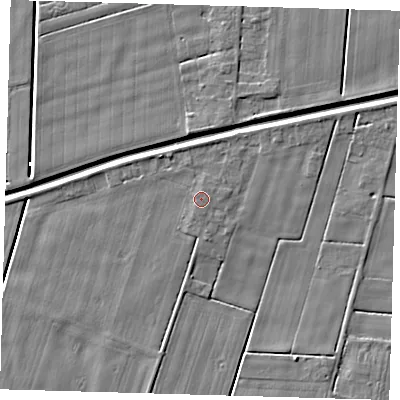 Shaded relief map of the ground around PE126SN, computed from Environment Agency LiDAR. The ground here sits at about 3 m above sea level and falls 4 m across the surrounding 800 m. The ground contributing surface water to this point lies to the north.