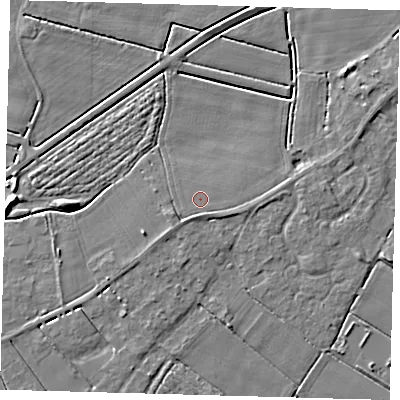Shaded relief map of the ground around PE126SQ, computed from Environment Agency LiDAR. The ground here sits at about 3 m above sea level and falls 5 m across the surrounding 800 m. The ground contributing surface water to this point lies to the south-south-east.