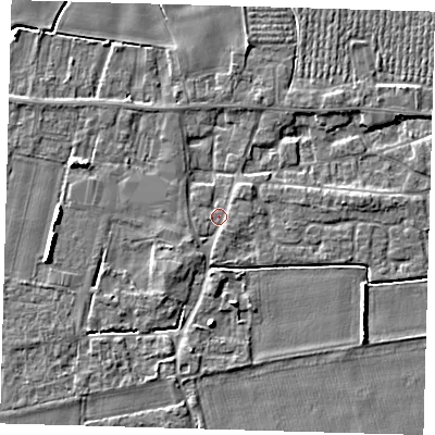 Shaded relief map of the ground around PE126TA, computed from Environment Agency LiDAR. The ground here sits at about 3 m above sea level and falls 5 m across the surrounding 800 m. Surface water reaching this point runs off ground lying to the south-west, 1.7 m higher.