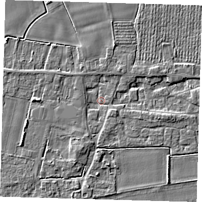 Shaded relief map of the ground around PE126TF, computed from Environment Agency LiDAR. The ground here sits at about 3 m above sea level and falls 5 m across the surrounding 800 m. Surface water reaching this point runs off ground lying to the south-south-west, 2.1 m higher.
