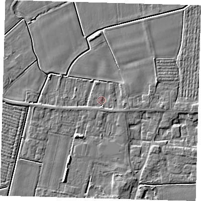 Shaded relief map of the ground around PE126TG, computed from Environment Agency LiDAR. The ground here sits at about 3 m above sea level and falls 5 m across the surrounding 800 m. Surface water reaching this point runs off ground lying to the south-south-east, 1.5 m higher.
