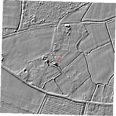 Shaded relief map of the ground around PE126TH, computed from Environment Agency LiDAR. The ground here sits at about 4 m above sea level and falls 6 m across the surrounding 800 m. Surface water reaching this point runs off ground lying to the west-south-west, 4.7 m higher.