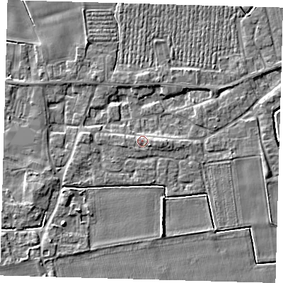 Shaded relief map of the ground around PE126TP, computed from Environment Agency LiDAR. The ground here sits at about 4 m above sea level and falls 5 m across the surrounding 800 m. Surface water reaching this point runs off ground lying to the east, 1.8 m higher.