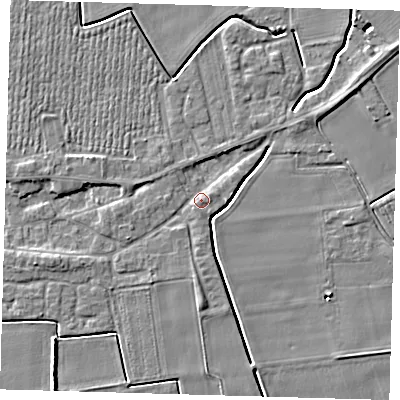 Shaded relief map of the ground around PE126TS, computed from Environment Agency LiDAR. The ground here sits at about 4 m above sea level and falls 5 m across the surrounding 800 m. Surface water reaching this point runs off ground lying to the south, 3.4 m higher.