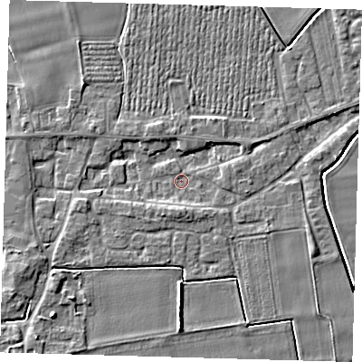 Shaded relief map of the ground around PE126TW, computed from Environment Agency LiDAR. The ground here sits at about 3 m above sea level and falls 5 m across the surrounding 800 m. Surface water reaching this point runs off ground lying to the south, 2.1 m higher.