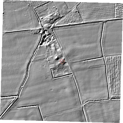 Shaded relief map of the ground around PE126TY, computed from Environment Agency LiDAR. The ground here sits at about 4 m above sea level and falls 4 m across the surrounding 800 m. Surface water reaching this point runs off ground lying to the north-west, 2.4 m higher.