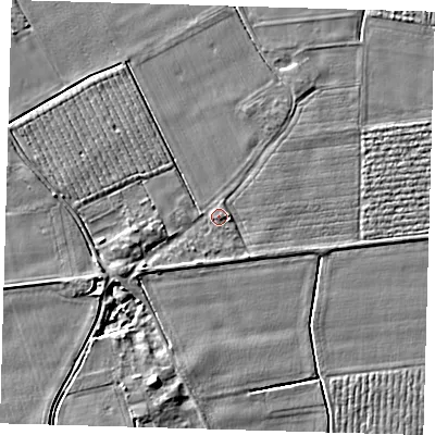 Shaded relief map of the ground around PE126TZ, computed from Environment Agency LiDAR. The ground here sits at about 4 m above sea level and falls 4 m across the surrounding 800 m. Surface water reaching this point runs off ground lying to the east, 1.3 m higher.