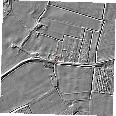 Shaded relief map of the ground around PE126UA, computed from Environment Agency LiDAR. The ground here sits at about 3 m above sea level and falls 3 m across the surrounding 800 m. Surface water reaching this point runs off ground lying to the south-east, 0.8 m higher.