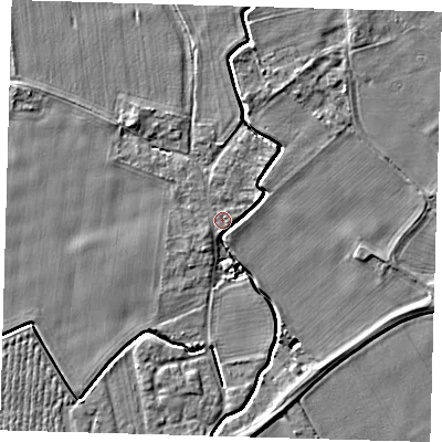 Shaded relief map of the ground around PE126UE, computed from Environment Agency LiDAR. The ground here sits at about 4 m above sea level and falls 4 m across the surrounding 800 m. Surface water reaching this point runs off ground lying to the south, 3.8 m higher.
