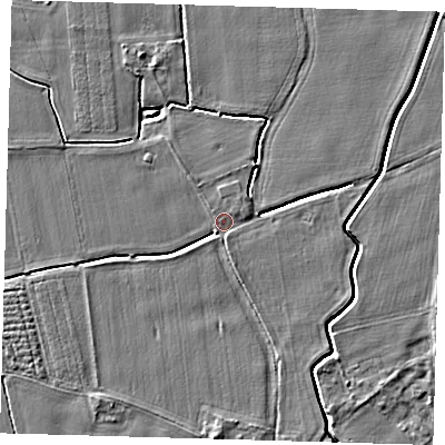 Shaded relief map of the ground around PE126UF, computed from Environment Agency LiDAR. The ground here sits at about 3 m above sea level and falls 3 m across the surrounding 800 m. Surface water reaching this point runs off ground lying to the north-north-east, 2.5 m higher.