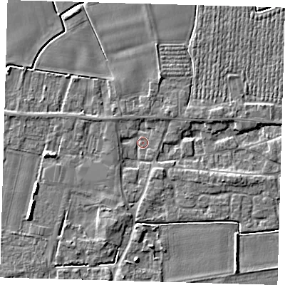 Shaded relief map of the ground around PE126UJ, computed from Environment Agency LiDAR. The ground here sits at about 3 m above sea level and falls 5 m across the surrounding 800 m. Surface water reaching this point runs off ground lying to the south-south-west, 2.1 m higher.