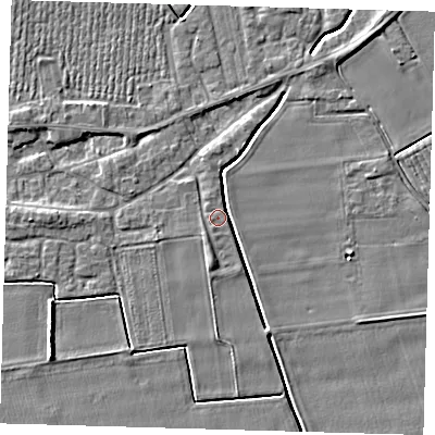 Shaded relief map of the ground around PE126UT, computed from Environment Agency LiDAR. The ground here sits at about 4 m above sea level and falls 5 m across the surrounding 800 m. Surface water reaching this point runs off ground lying to the south-south-east, 3.1 m higher.