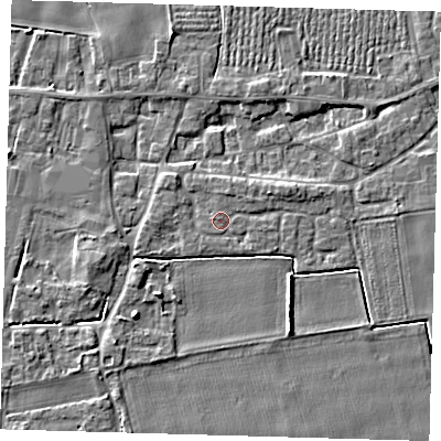 Shaded relief map of the ground around PE126UW, computed from Environment Agency LiDAR. The ground here sits at about 4 m above sea level and falls 4 m across the surrounding 800 m. Surface water reaching this point runs off ground lying to the south-east, 0.6 m higher.