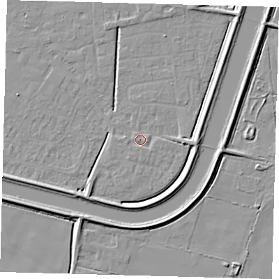Shaded relief map of the ground around PE126UY, computed from Environment Agency LiDAR. The ground here sits at about 3 m above sea level and falls 6 m across the surrounding 800 m. Surface water reaching this point runs off ground lying to the south-south-west, 5.8 m higher.