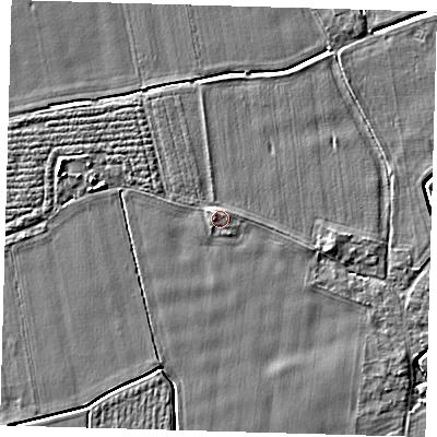 Shaded relief map of the ground around PE126WG, computed from Environment Agency LiDAR. The ground here sits at about 4 m above sea level and falls 4 m across the surrounding 800 m. Surface water reaching this point runs off ground lying to the east-south-east, 1.3 m higher.