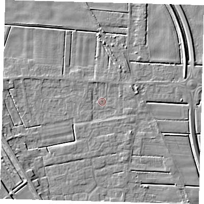 Shaded relief map of the ground around PE126XA, computed from Environment Agency LiDAR. The ground here sits at about 2 m above sea level and falls 5 m across the surrounding 800 m. Surface water reaching this point runs off ground lying to the east-north-east, 2.0 m higher.