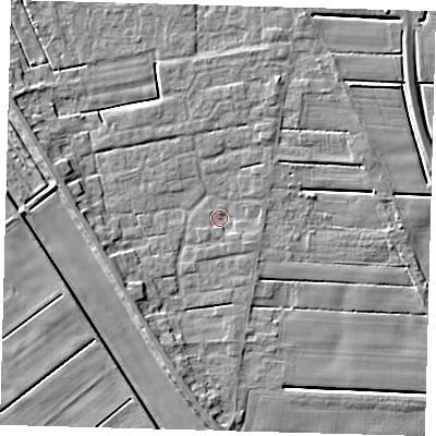 Shaded relief map of the ground around PE126XD, computed from Environment Agency LiDAR. The ground here sits at about 2 m above sea level and falls 6 m across the surrounding 800 m. Surface water reaching this point runs off ground lying to the south-east, 1.5 m higher.