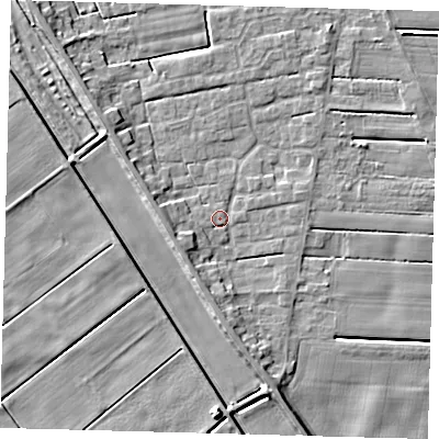 Shaded relief map of the ground around PE126XF, computed from Environment Agency LiDAR. The ground here sits at about 3 m above sea level and falls 6 m across the surrounding 800 m. Surface water reaching this point runs off ground lying to the south, 3.9 m higher.