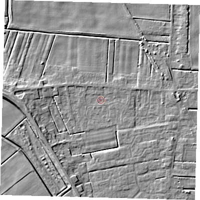 Shaded relief map of the ground around PE126XH, computed from Environment Agency LiDAR. The ground here sits at about 2 m above sea level and falls 6 m across the surrounding 800 m. Surface water reaching this point runs off ground lying to the west-south-west, 4.6 m higher.