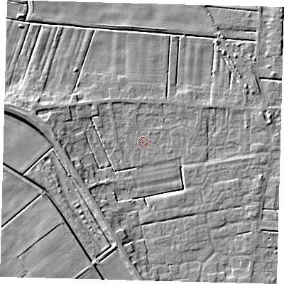 Shaded relief map of the ground around PE126XJ, computed from Environment Agency LiDAR. The ground here sits at about 2 m above sea level and falls 6 m across the surrounding 800 m. Surface water reaching this point runs off ground lying to the south-west, 4.5 m higher.