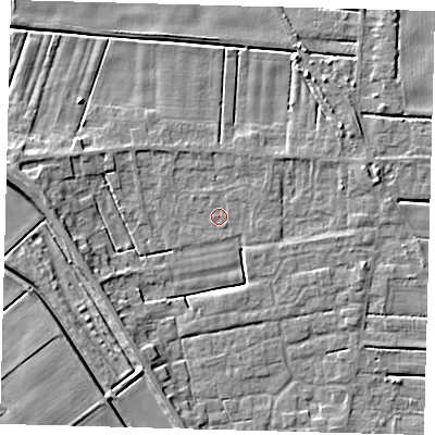 Shaded relief map of the ground around PE126XL, computed from Environment Agency LiDAR. The ground here sits at about 2 m above sea level and falls 6 m across the surrounding 800 m. Surface water reaching this point runs off ground lying to the west-south-west, 4.5 m higher.