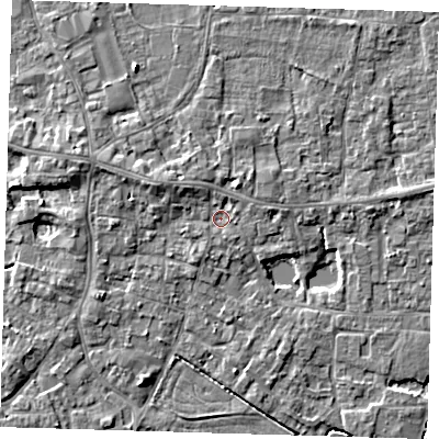 Shaded relief map of the ground around PE127AA, computed from Environment Agency LiDAR. The ground here sits at about 3 m above sea level and falls 5 m across the surrounding 800 m. Surface water reaching this point runs off ground lying to the west-north-west, 2.2 m higher.