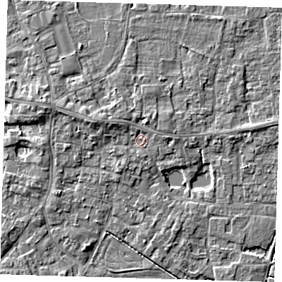 Shaded relief map of the ground around PE127AB, computed from Environment Agency LiDAR. The ground here sits at about 3 m above sea level and falls 5 m across the surrounding 800 m. Surface water reaching this point runs off ground lying to the west-north-west, 2.2 m higher.