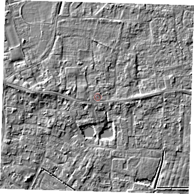 Shaded relief map of the ground around PE127AD, computed from Environment Agency LiDAR. The ground here sits at about 4 m above sea level and falls 5 m across the surrounding 800 m. Surface water reaching this point runs off ground lying to the north, 0.7 m higher.