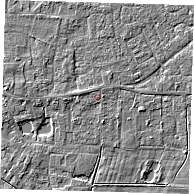 Shaded relief map of the ground around PE127AE, computed from Environment Agency LiDAR. The ground here sits at about 4 m above sea level and falls 3 m across the surrounding 800 m. Surface water reaching this point runs off ground lying to the north-west, 0.9 m higher.