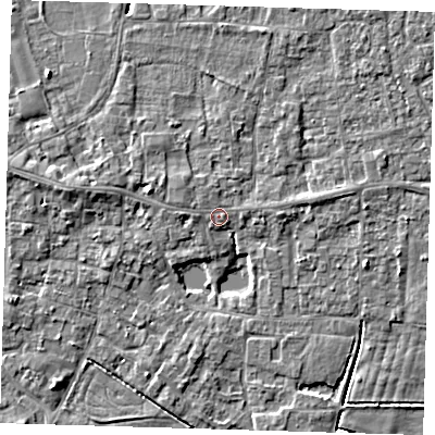 Shaded relief map of the ground around PE127AF, computed from Environment Agency LiDAR. The ground here sits at about 4 m above sea level and falls 5 m across the surrounding 800 m. Surface water reaching this point runs off ground lying to the west-north-west, 0.8 m higher.