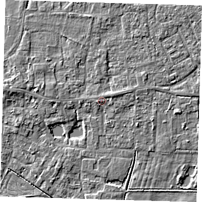 Shaded relief map of the ground around PE127AG, computed from Environment Agency LiDAR. The ground here sits at about 4 m above sea level and falls 4 m across the surrounding 800 m. Surface water reaching this point runs off ground lying to the west, 1.0 m higher.