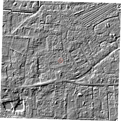 Shaded relief map of the ground around PE127AN, computed from Environment Agency LiDAR. The ground here sits at about 4 m above sea level and falls 3 m across the surrounding 800 m. The ground contributing surface water to this point lies to the east-north-east.