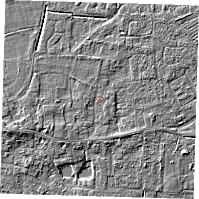 Shaded relief map of the ground around PE127AP, computed from Environment Agency LiDAR. The ground here sits at about 4 m above sea level and falls 4 m across the surrounding 800 m. Surface water reaching this point runs off ground lying to the south-west, 1.5 m higher.