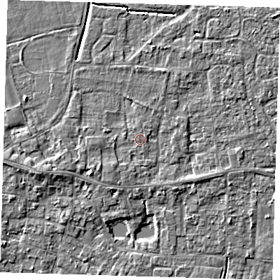 Shaded relief map of the ground around PE127AR, computed from Environment Agency LiDAR. The ground here sits at about 4 m above sea level and falls 5 m across the surrounding 800 m. Surface water reaching this point runs off ground lying to the south-west, 1.5 m higher.