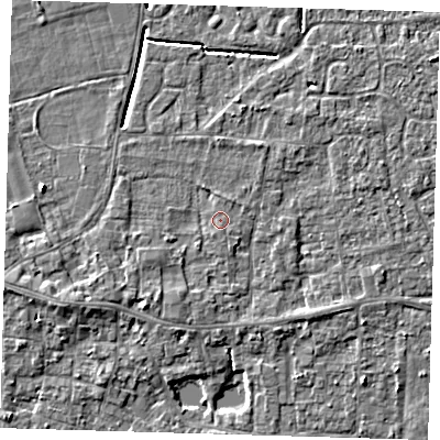 Shaded relief map of the ground around PE127AS, computed from Environment Agency LiDAR. The ground here sits at about 4 m above sea level and falls 4 m across the surrounding 800 m. Surface water reaching this point runs off ground lying to the south-west, 0.7 m higher.