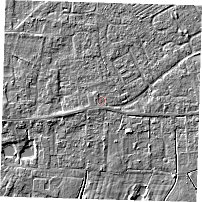 Shaded relief map of the ground around PE127AU, computed from Environment Agency LiDAR. The ground here sits at about 4 m above sea level and falls 3 m across the surrounding 800 m. Surface water reaching this point runs off ground lying to the north-north-west, 0.8 m higher.