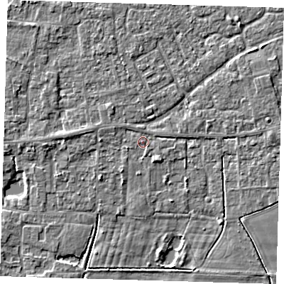 Shaded relief map of the ground around PE127AX, computed from Environment Agency LiDAR. The ground here sits at about 4 m above sea level and falls 3 m across the surrounding 800 m. Surface water reaching this point runs off ground lying to the west-south-west, 0.8 m higher.