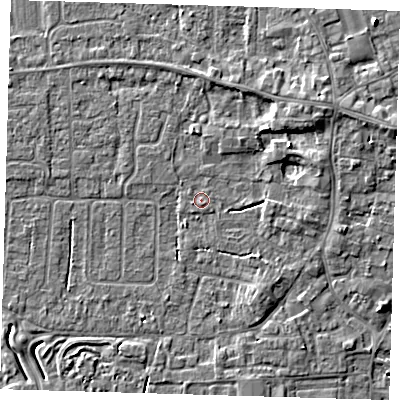 Shaded relief map of the ground around PE127AY, computed from Environment Agency LiDAR. The ground here sits at about 3 m above sea level and falls 5 m across the surrounding 800 m. Surface water reaching this point runs off ground lying to the north-east, 2.7 m higher.