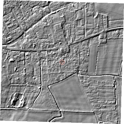 Shaded relief map of the ground around PE127BA, computed from Environment Agency LiDAR. The ground here sits at about 3 m above sea level and falls 3 m across the surrounding 800 m. Surface water reaching this point runs off ground lying to the north, 0.9 m higher.